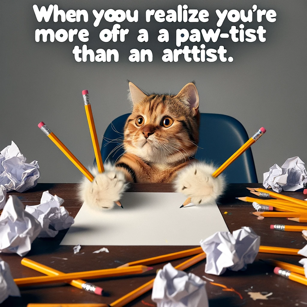 A humorous image of a cat trying to draw with pencils, looking confused and surrounded by crumpled paper. Caption: "When you realize you're more of a paw-tist than an artist."