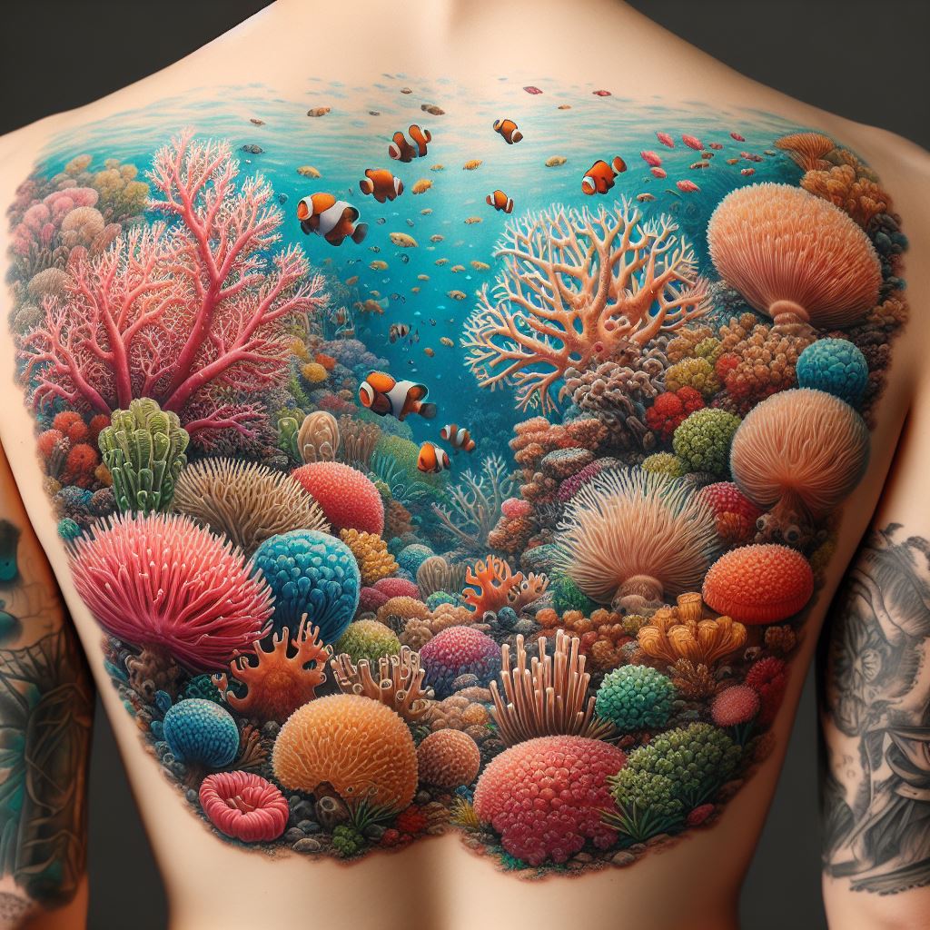 An underwater scene of coral reefs, including a variety of corals, anemones, and small fish, as fillers for the lower back area. This vibrant and colorful backdrop should connect larger tattoos, adding depth and the beauty of marine life. The design should feel like a window into the ocean, with the coral reef scene bringing a sense of calm and wonder, celebrating the diversity of underwater ecosystems.