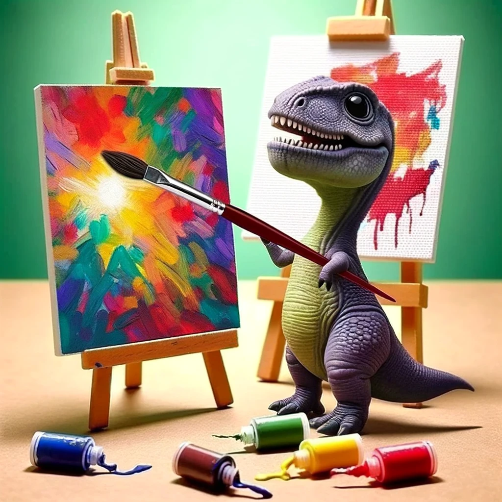 A funny image of a dinosaur holding a paintbrush in its tiny arms, standing in front of a canvas. The painting is abstract and colorful. Caption: "When your arms are too short for your artistic ambitions."