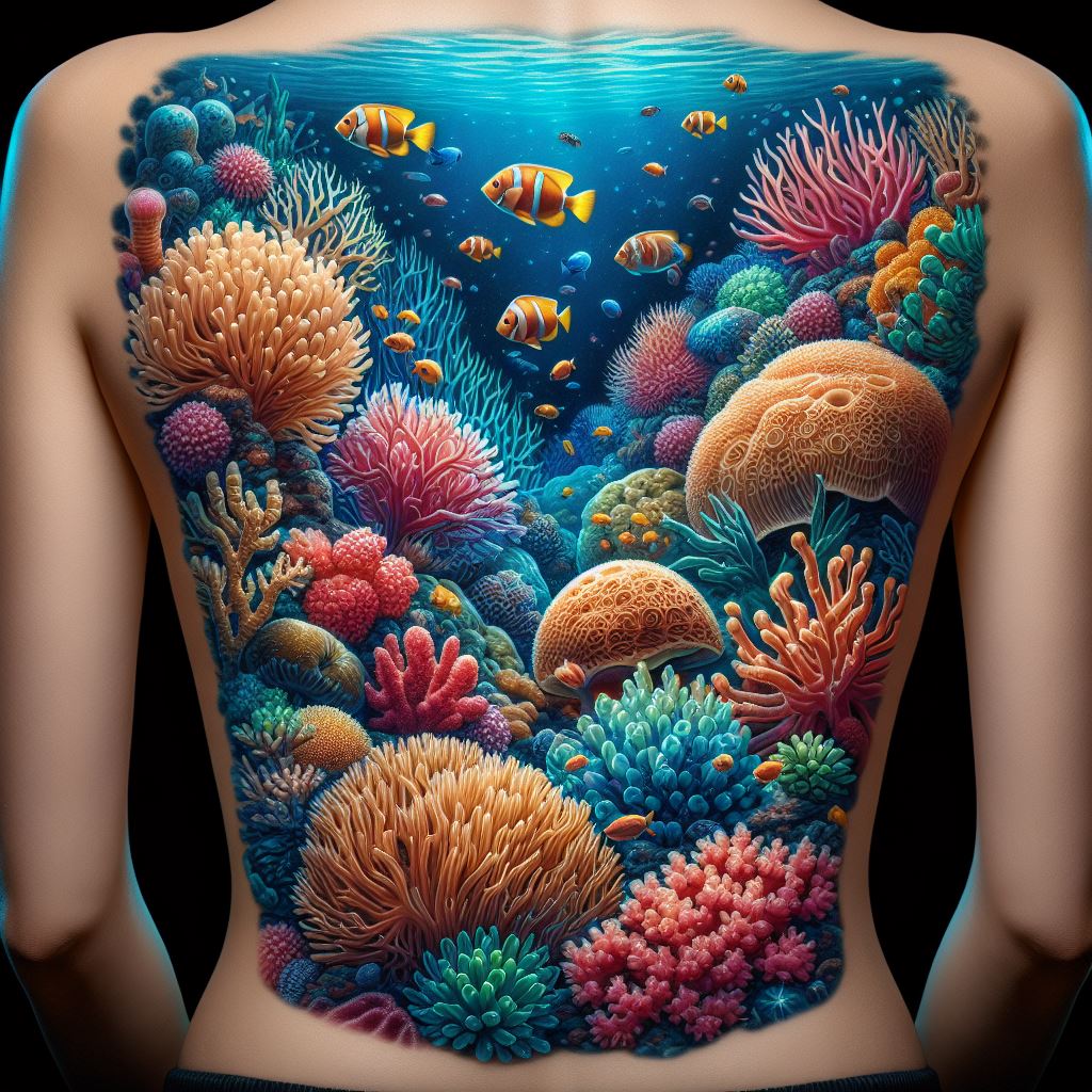 An underwater scene of coral reefs, including a variety of corals, anemones, and small fish, as fillers for the lower back area. This vibrant and colorful backdrop should connect larger tattoos, adding depth and the beauty of marine life. The design should feel like a window into the ocean, with the coral reef scene bringing a sense of calm and wonder, celebrating the diversity of underwater ecosystems.