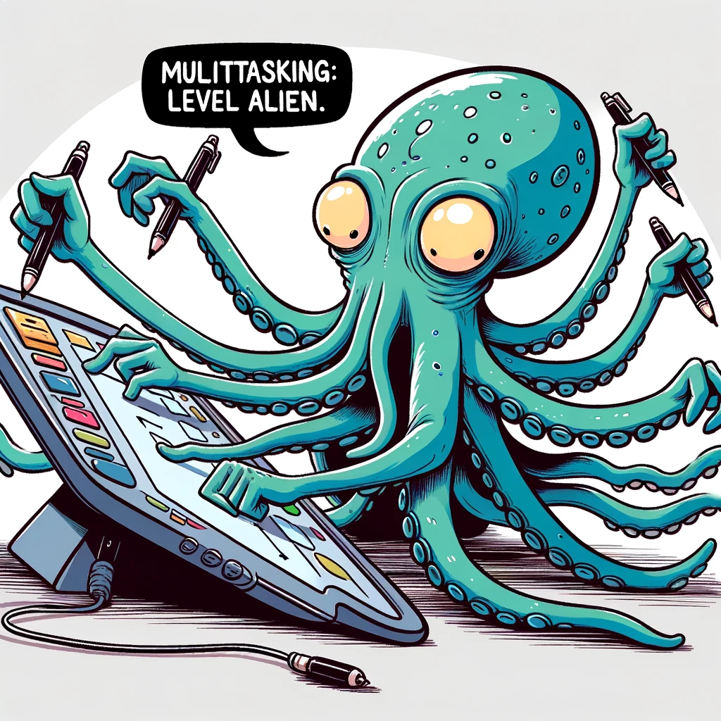 A comical image of an alien trying to use a drawing tablet but pressing all the buttons at once with its multiple tentacles. Caption: "Multitasking: Level Alien."