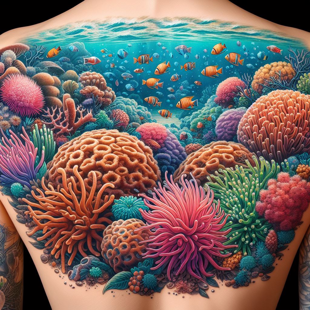 An underwater scene of coral reefs, including a variety of corals, anemones, and small fish, as fillers for the lower back area. This vibrant and colorful backdrop should connect larger tattoos, adding depth and the beauty of marine life. The design should feel like a window into the ocean, with the coral reef scene bringing a sense of calm and wonder, celebrating the diversity of underwater ecosystems.