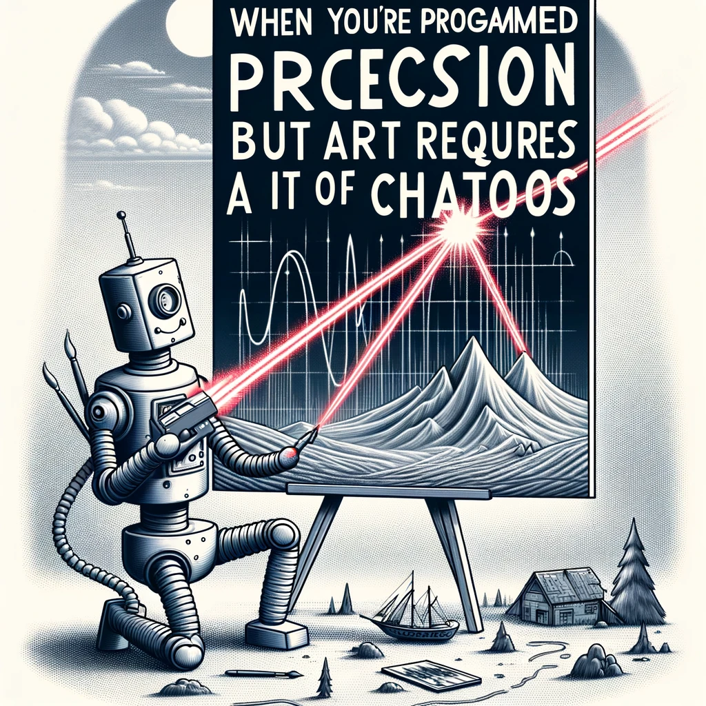 A witty image of a robot painting a landscape, but instead of a brush, it's using a laser beam. The landscape is futuristic and digital. Caption: "When you're programmed for precision but art requires a bit of chaos."
