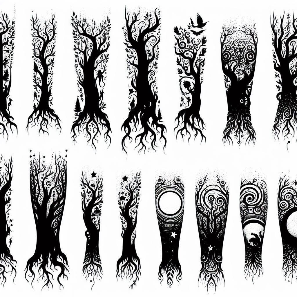 Silhouettes of an enchanted forest, with towering trees, winding branches, and hidden creatures, stretching from the upper arm down to the wrist. These silhouettes should be designed to create a mysterious and magical atmosphere, with subtle details suggesting the presence of forest spirits. The filler aims to connect larger tattoos with a narrative of nature's enchantment, inviting the viewer into a world of imagination and mystery.