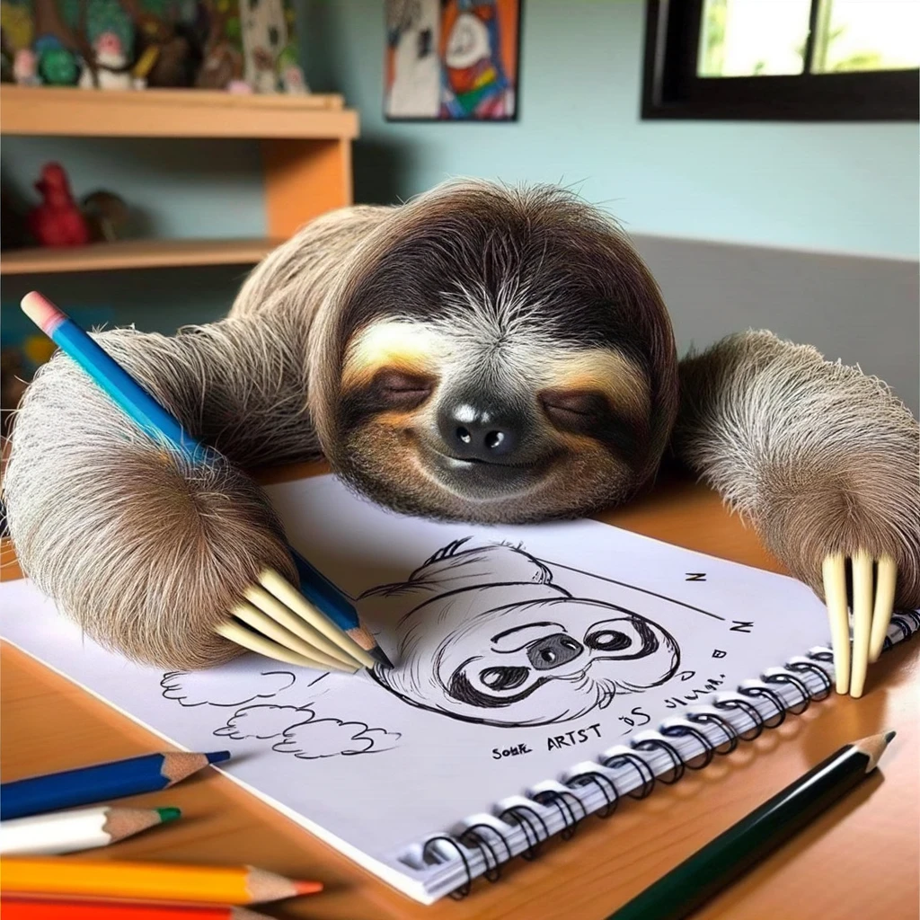 A hilarious image of a sloth trying to draw at a desk, but falling asleep with its face on the sketchpad. The drawing is barely started. Caption: "Some artists are just born to be slow-motion creators."