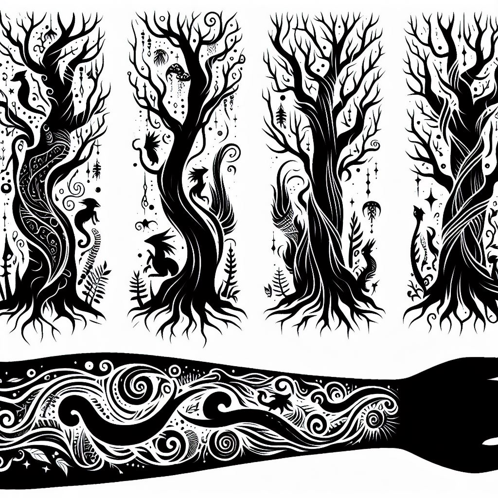 Silhouettes of an enchanted forest, with towering trees, winding branches, and hidden creatures, stretching from the upper arm down to the wrist. These silhouettes should be designed to create a mysterious and magical atmosphere, with subtle details suggesting the presence of forest spirits. The filler aims to connect larger tattoos with a narrative of nature's enchantment, inviting the viewer into a world of imagination and mystery.