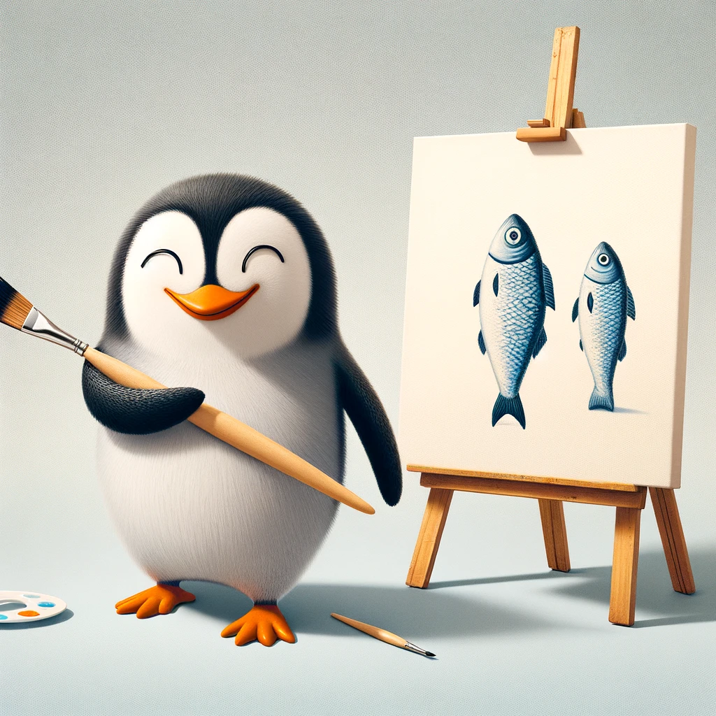 A playful image of a penguin holding a paintbrush in its flipper, standing in front of a canvas with a simple painting of fish. Caption: "When your art is just a reflection of your dinner plans."