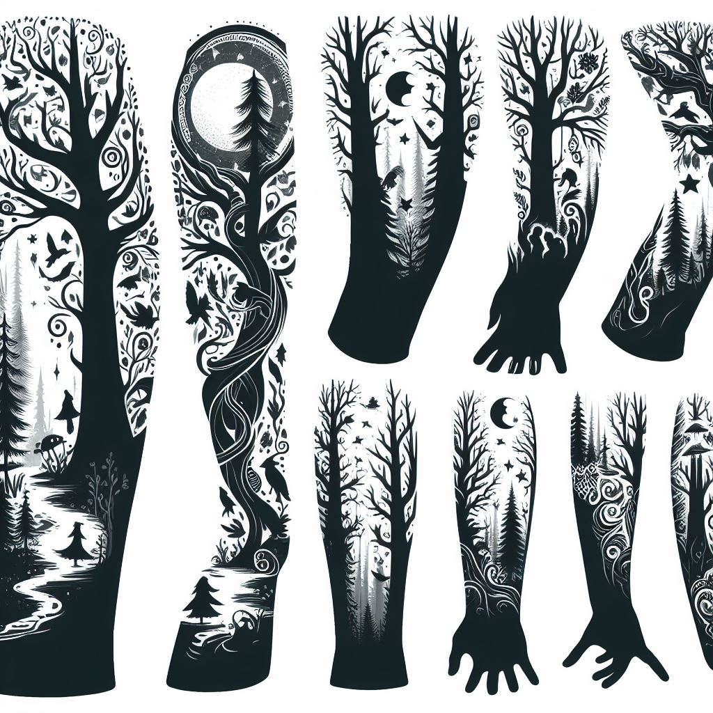 Silhouettes of an enchanted forest, with towering trees, winding branches, and hidden creatures, stretching from the upper arm down to the wrist. These silhouettes should be designed to create a mysterious and magical atmosphere, with subtle details suggesting the presence of forest spirits. The filler aims to connect larger tattoos with a narrative of nature's enchantment, inviting the viewer into a world of imagination and mystery.