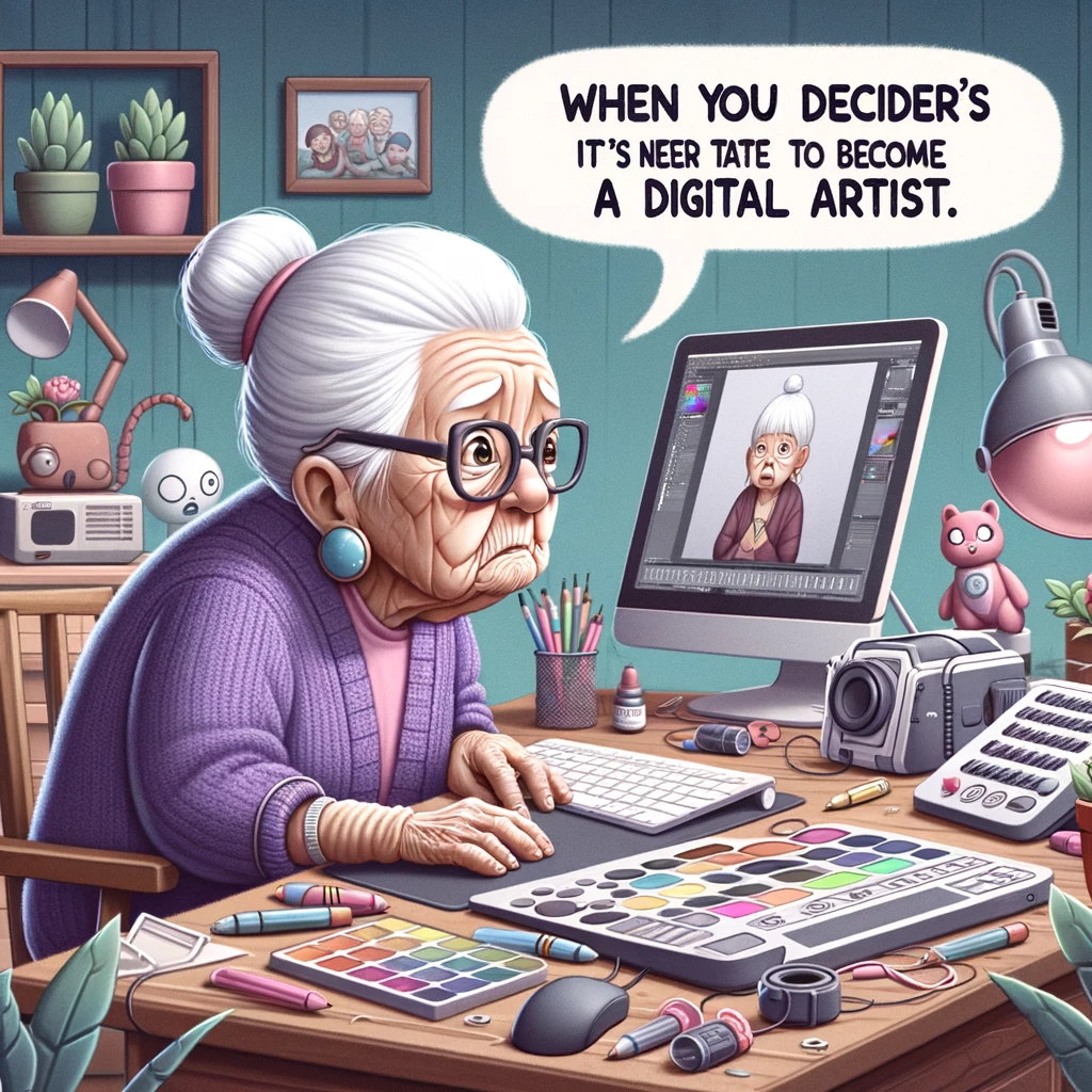 An endearing image of a grandma sitting at a desk, surrounded by modern digital art equipment, looking perplexed. Caption: "When you decide it's never too late to become a digital artist."