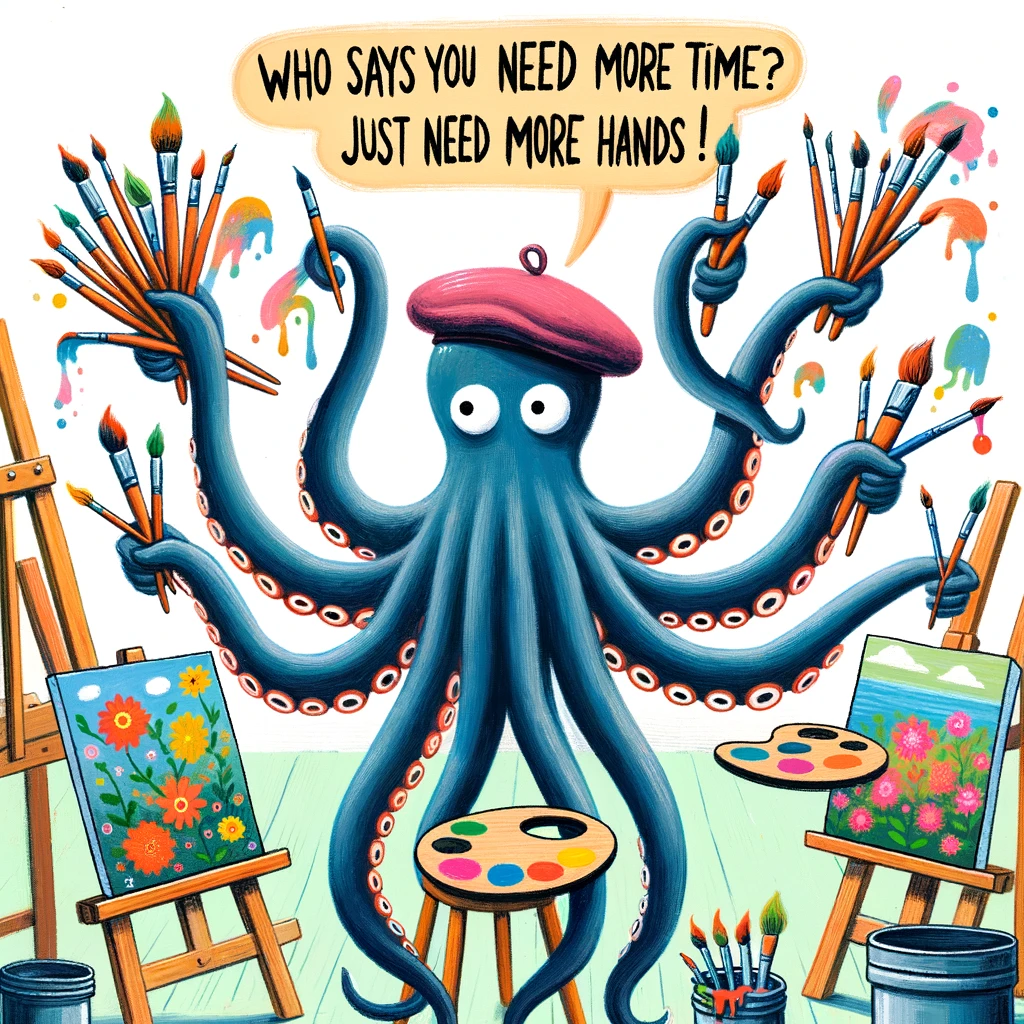 A quirky image of a octopus in an artist's beret, juggling multiple paintbrushes and painting on several canvases at once. The paintings are vibrant and abstract. Caption: "Who says you need more time? Just need more hands!"