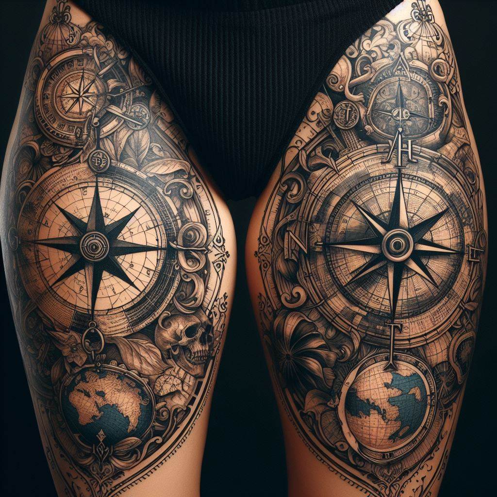 The thighs decorated with vintage map and compass designs, filling the spaces between tattoos with a theme of adventure and exploration. The maps should include intricate details such as old ship routes, mythical lands, and compass roses, evoking the era of great explorations. This filler design seeks to inspire a sense of wanderlust and curiosity, bridging tattoos with a love for history and the unknown.