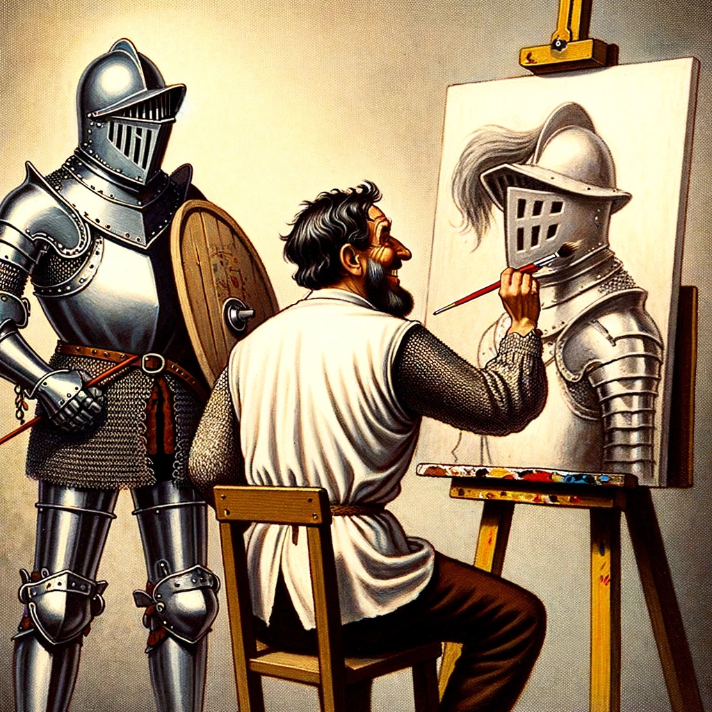 An amusing image of a medieval knight trying to paint a portrait, but his armor keeps clinking against the canvas. The painting is a humorous caricature of another knight. Caption: "When chivalry meets creativity: Armor doesn't make the artist."