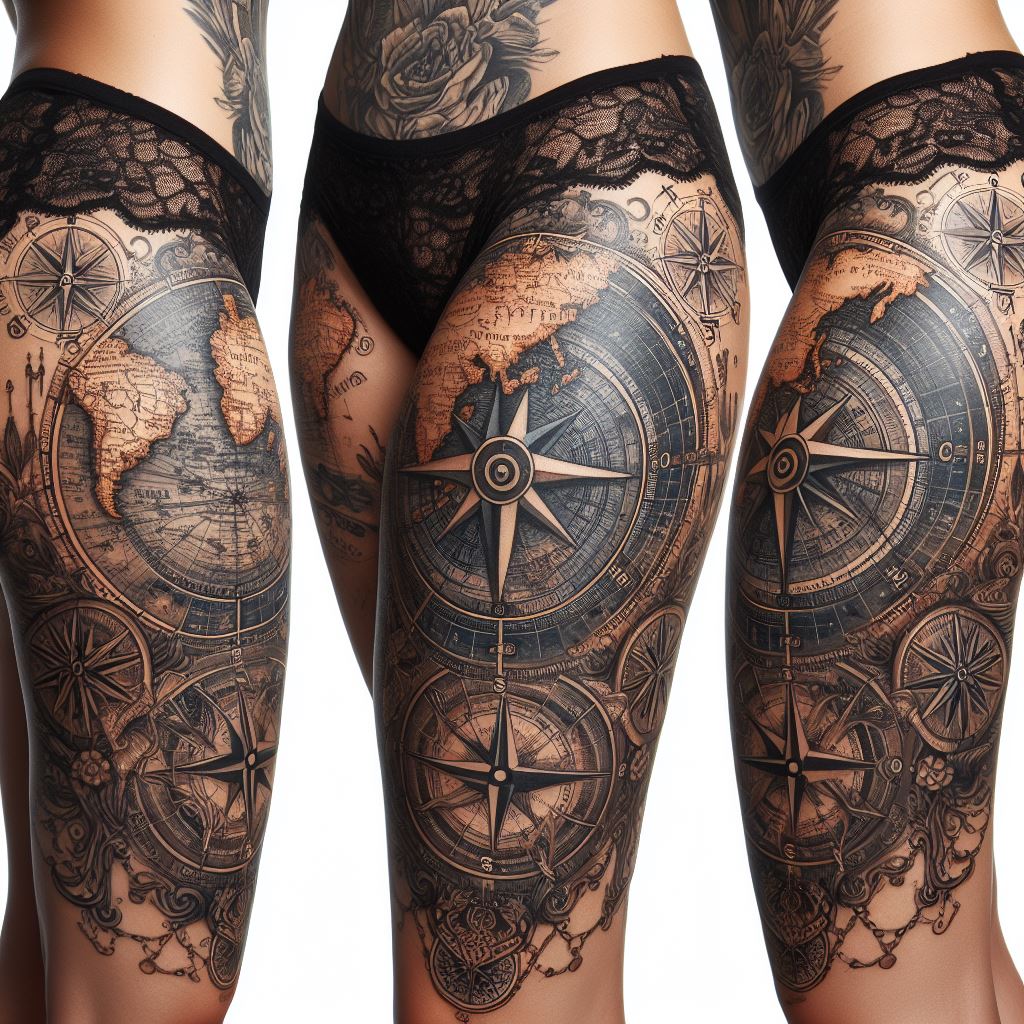 The thighs decorated with vintage map and compass designs, filling the spaces between tattoos with a theme of adventure and exploration. The maps should include intricate details such as old ship routes, mythical lands, and compass roses, evoking the era of great explorations. This filler design seeks to inspire a sense of wanderlust and curiosity, bridging tattoos with a love for history and the unknown.