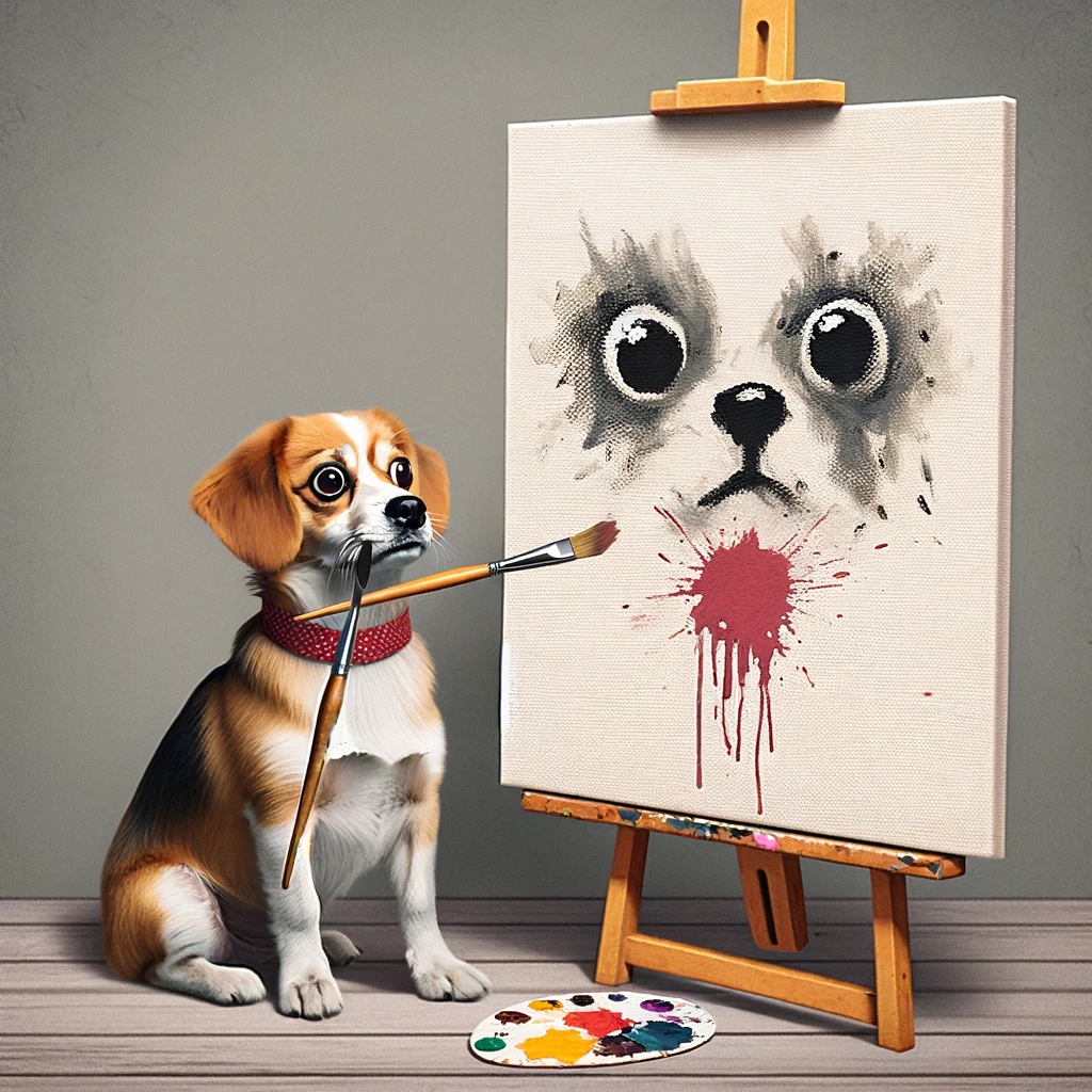 A whimsical image of a dog staring at a canvas, with a brush in its mouth, looking utterly confused. The canvas just has a single paint blot. Caption: "When you're not sure if it's abstract art or just a mess."