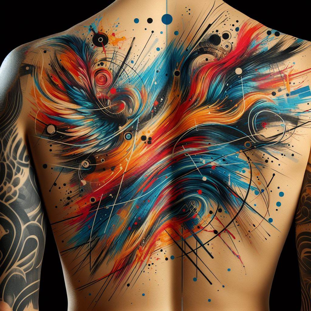 The back area enhanced with abstract expressionist splatters and strokes, connecting larger tattoos with bold colors and dynamic forms. This artistic filler should mimic the spontaneous and emotive technique of abstract expressionism, using color and form to convey a sense of freedom and creativity. The design aims to create a visual impact that complements the existing tattoos, adding a layer of artistic depth and personal expression.
