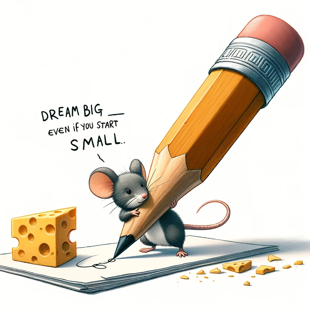 A humorous scene of a mouse trying to hold a giant pencil, struggling to sketch a piece of cheese on paper. Caption: "Dream big, even if you start small."
