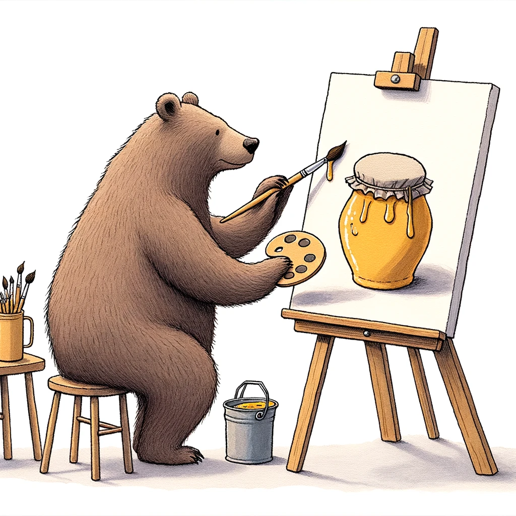 An amusing illustration of a bear trying to fit into a small chair at an artist's easel, holding a tiny paintbrush. The canvas depicts a honey pot. Caption: "Sometimes the biggest challenges are just fitting in."
