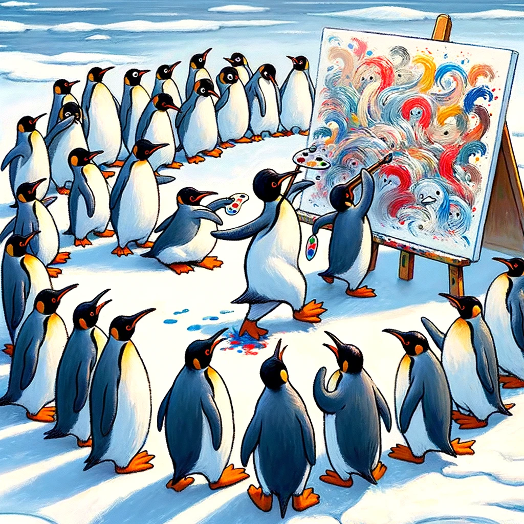 A funny depiction of a group of penguins using their feet to paint on a large canvas on the ice. The artwork is a chaotic mix of colors. Caption: "Teamwork makes the dream work, especially in abstract art."