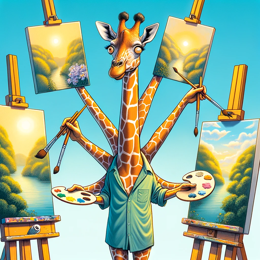 A comical image of a giraffe with its neck twisted around several canvases, each displaying a different part of a landscape. Caption: "When you take multitasking to new heights in art."