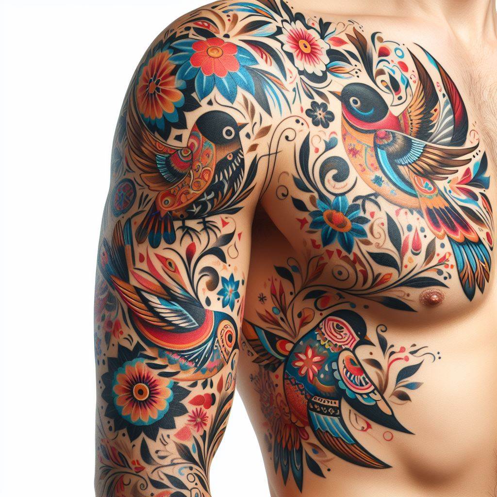 The side of the body adorned with folk art-inspired birds and flowers, seamlessly weaving between larger tattoos. These designs should be characterized by their vibrant colors, simple shapes, and decorative patterns, reflecting the charm and warmth of traditional folk art. The filler aims to infuse the wearer's skin with a sense of cultural heritage and the simple beauty of nature, creating a cohesive and heartwarming narrative.