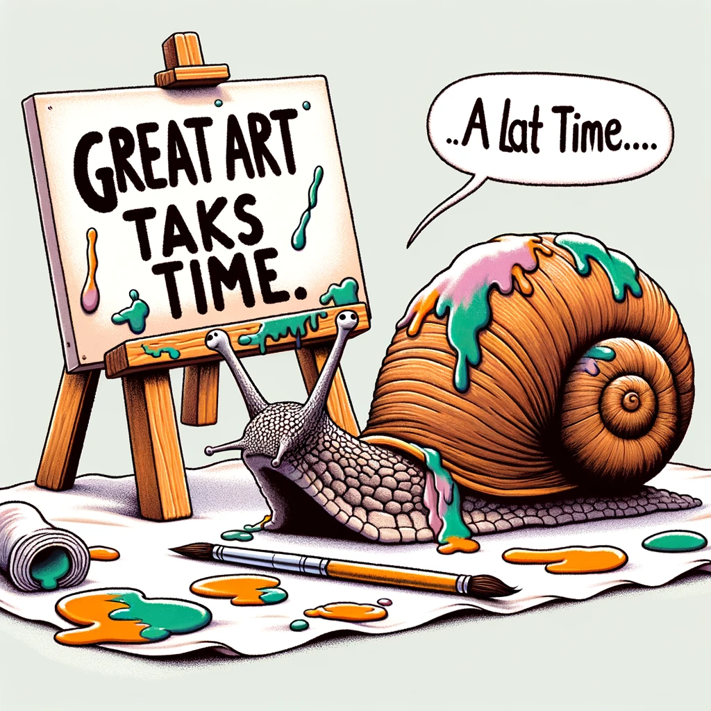 A humorous illustration of a snail slowly moving across a canvas, leaving a trail of paint behind. Caption: "Great art takes time... a lot of time."