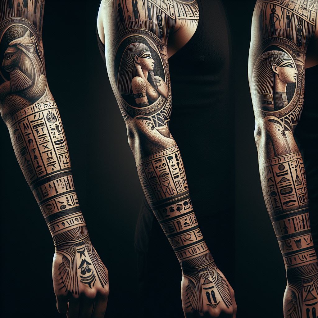 Ancient Egyptian hieroglyphs elegantly wrapping around the arm from wrist to elbow, seamlessly integrating with larger tattoos to tell a story of mysticism and history. These hieroglyphs should include symbols of gods, goddesses, and sacred animals, rendered with attention to historical accuracy and detail. The design aims to evoke the rich cultural heritage of ancient Egypt, adding a layer of timeless wisdom and beauty.