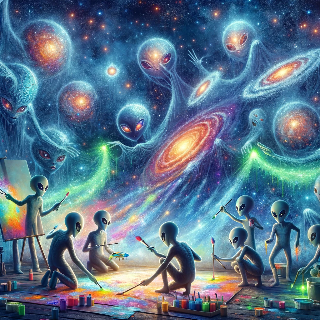 An imaginative scene of a group of aliens collaboratively creating a cosmic mural with glowing paint that looks like stars and galaxies. Caption: "Out of this world art collaboration."