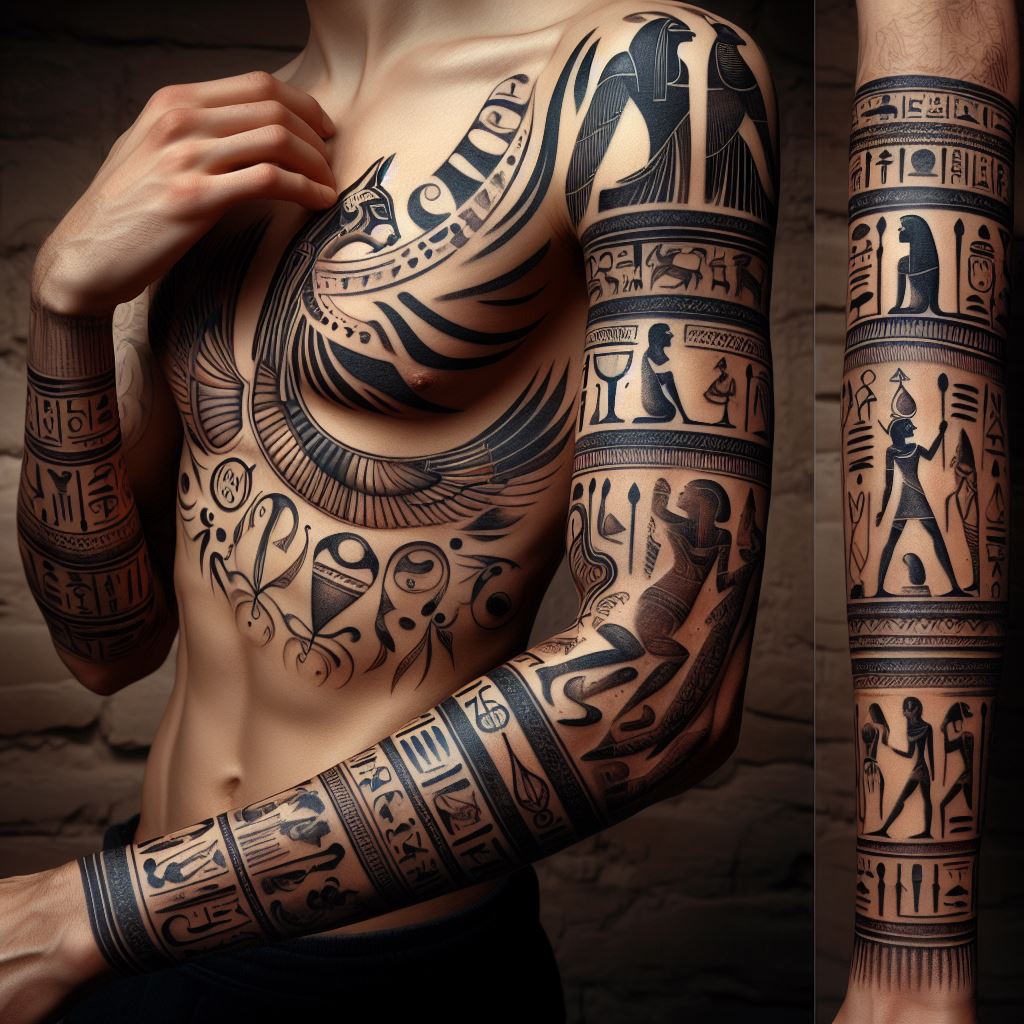 Ancient Egyptian hieroglyphs elegantly wrapping around the arm from wrist to elbow, seamlessly integrating with larger tattoos to tell a story of mysticism and history. These hieroglyphs should include symbols of gods, goddesses, and sacred animals, rendered with attention to historical accuracy and detail. The design aims to evoke the rich cultural heritage of ancient Egypt, adding a layer of timeless wisdom and beauty.