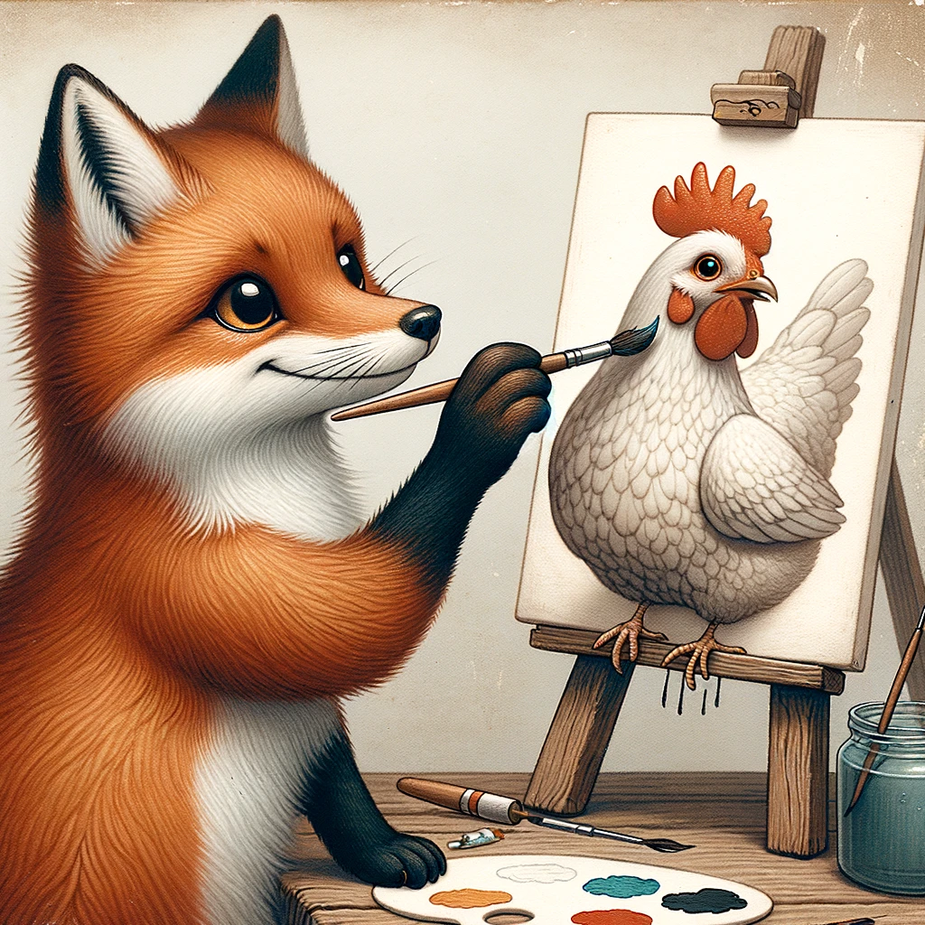 A charming image of a fox delicately holding a paintbrush in its mouth, painting a portrait of a chicken on a canvas. Caption: "Exploring unexpected friendships through art."