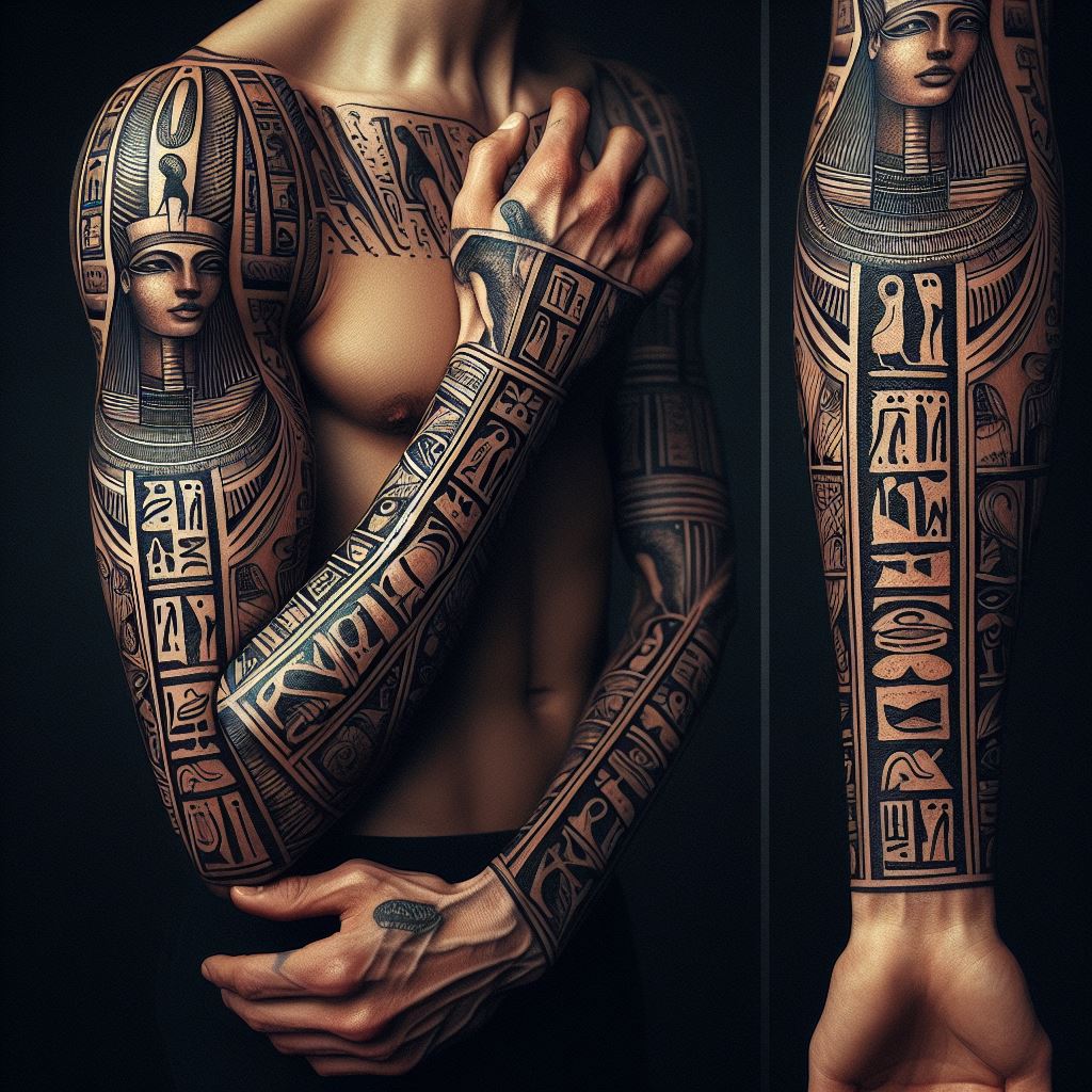 Ancient Egyptian hieroglyphs elegantly wrapping around the arm from wrist to elbow, seamlessly integrating with larger tattoos to tell a story of mysticism and history. These hieroglyphs should include symbols of gods, goddesses, and sacred animals, rendered with attention to historical accuracy and detail. The design aims to evoke the rich cultural heritage of ancient Egypt, adding a layer of timeless wisdom and beauty.