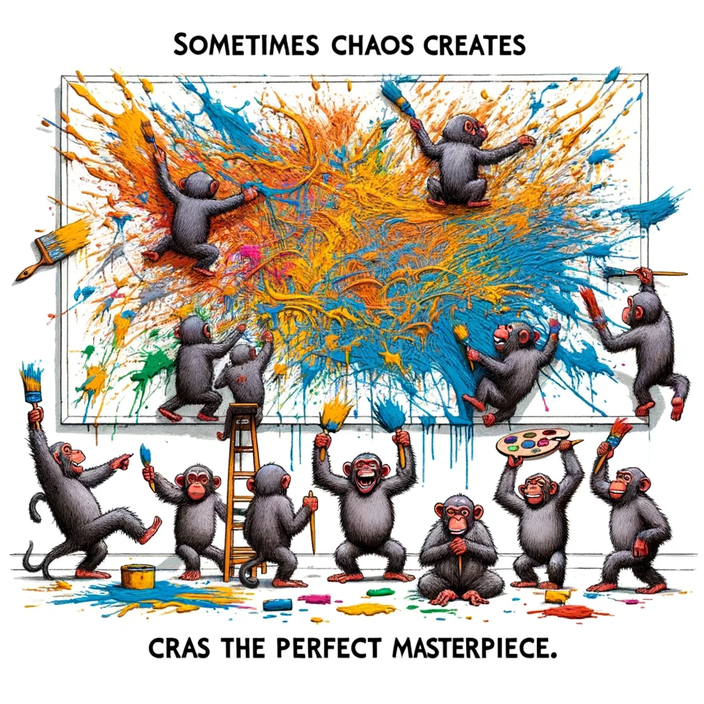 A quirky illustration of a group of monkeys wildly throwing paint at a wall, creating a surprisingly cohesive abstract painting. Caption: "Sometimes chaos creates the perfect masterpiece."