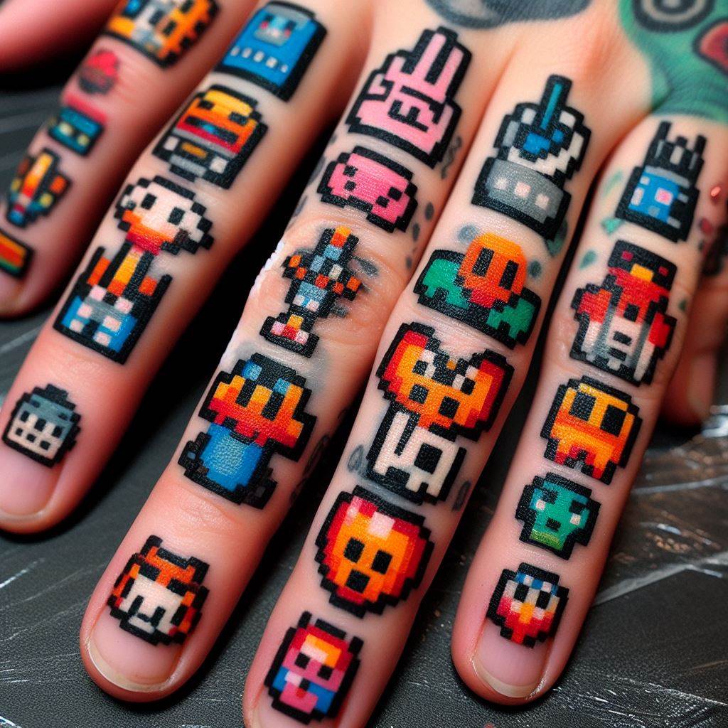 Small, colorful pixel art designs filling the spaces between finger tattoos, creating a playful and nostalgic theme reminiscent of vintage video games. These pixel art designs could include miniature icons, characters, or abstract patterns, each carefully crafted to fit the limited space while offering a vibrant pop of retro digital culture. The filler seeks to connect the tattoos with a fun, geeky vibe, celebrating the era of 8-bit and 16-bit gaming.