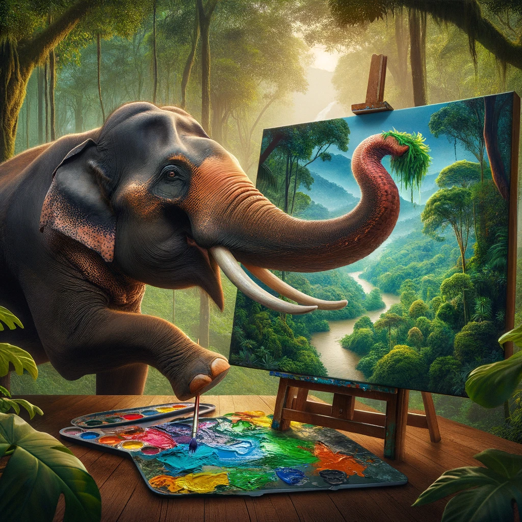A captivating scene of an elephant using its trunk to delicately apply paint to a canvas, creating a vibrant jungle scene. Caption: "Embracing the natural artist within."
