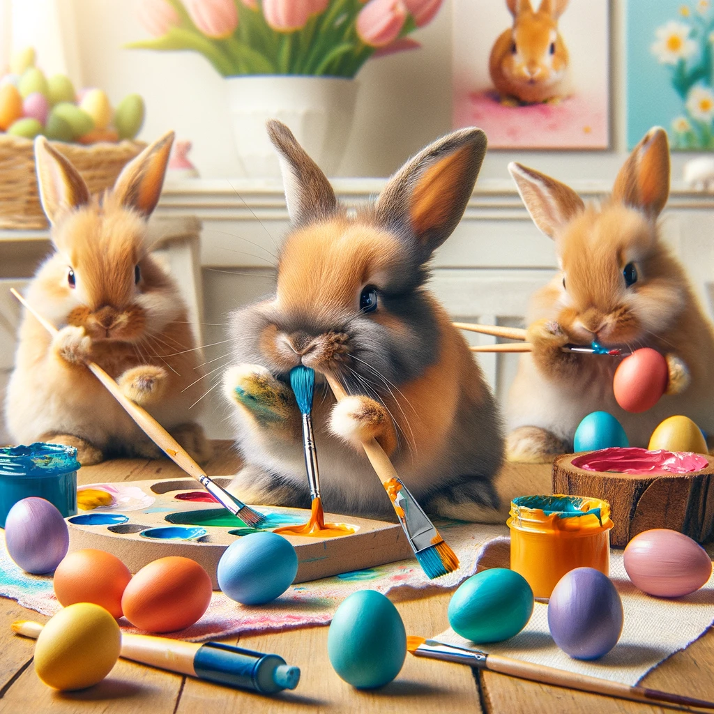 A delightful image of a group of rabbits painting Easter eggs, using their paws and tails as brushes. The scene is colorful and festive. Caption: "When Easter preparations turn into an art session."