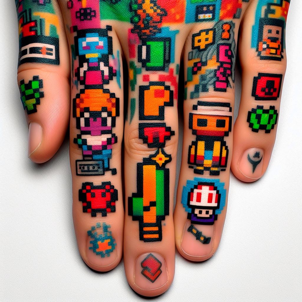 Small, colorful pixel art designs filling the spaces between finger tattoos, creating a playful and nostalgic theme reminiscent of vintage video games. These pixel art designs could include miniature icons, characters, or abstract patterns, each carefully crafted to fit the limited space while offering a vibrant pop of retro digital culture. The filler seeks to connect the tattoos with a fun, geeky vibe, celebrating the era of 8-bit and 16-bit gaming.