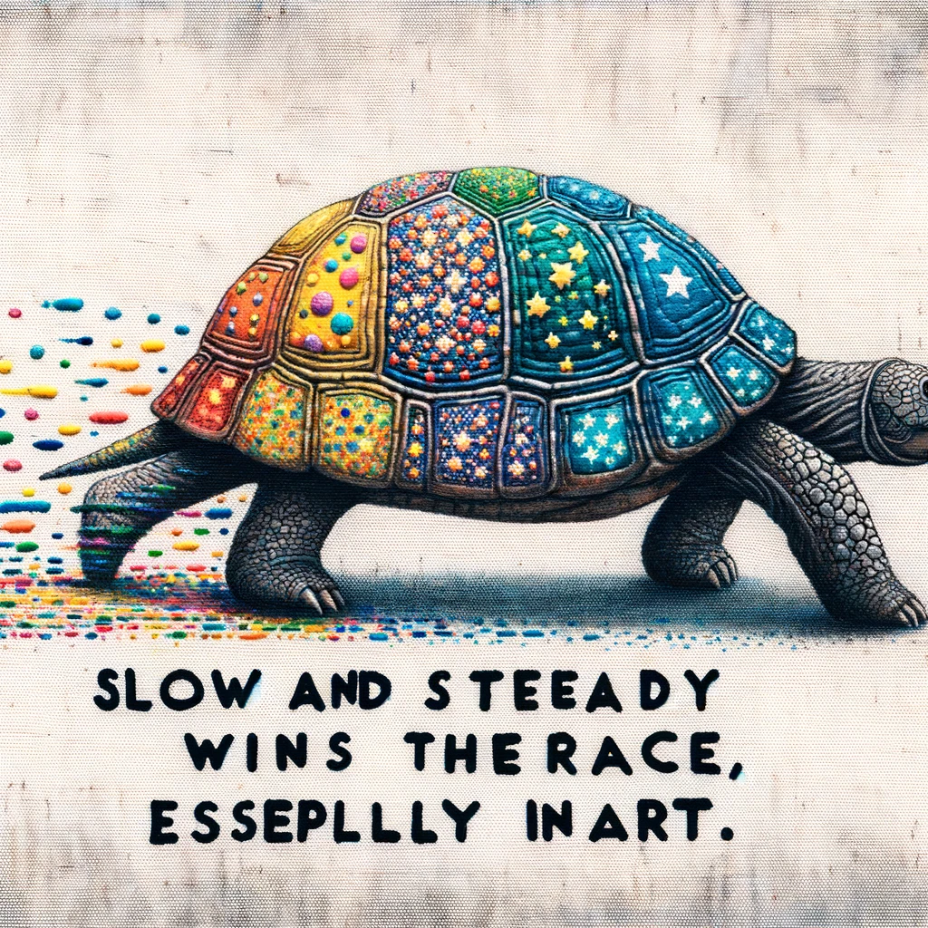 An endearing image of a turtle slowly making its way across a canvas, leaving behind a trail of colorful, patterned paint. Caption: "Slow and steady wins the race, especially in art."
