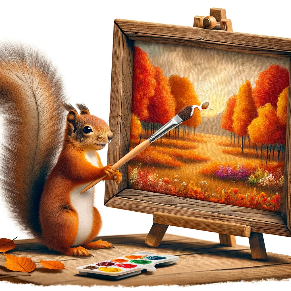 A lighthearted image of a squirrel using its tail as a paintbrush to create an autumn landscape on a canvas. The colors are warm and vibrant. Caption: "Nature's own artist at work."