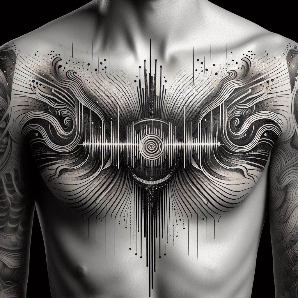 An artistic interpretation of sound waves radiating across the upper chest, connecting larger tattoos with a visual representation of music and sound. These sound waves should be stylized, possibly incorporating elements that reflect the wearer's favorite music or sounds from nature, rendered with an eye for movement and rhythm. The design seeks to visually capture the essence of sound, creating a dynamic and personal connection to the art of listening.