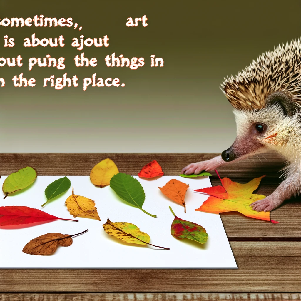 A humorous scene of a hedgehog carefully arranging colorful leaves on a canvas, creating a natural mosaic. Caption: "Sometimes, art is just about putting things in the right place."