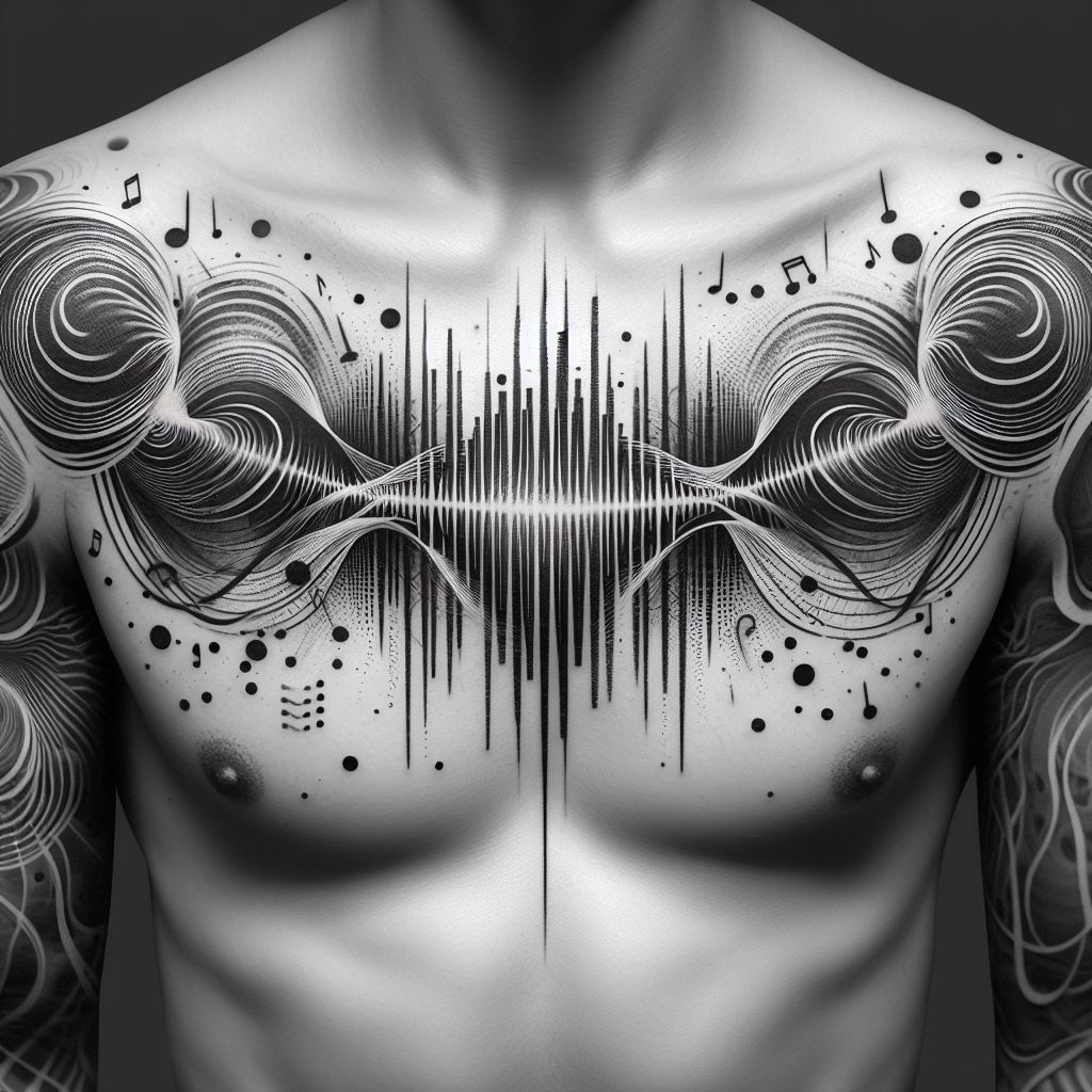 An artistic interpretation of sound waves radiating across the upper chest, connecting larger tattoos with a visual representation of music and sound. These sound waves should be stylized, possibly incorporating elements that reflect the wearer's favorite music or sounds from nature, rendered with an eye for movement and rhythm. The design seeks to visually capture the essence of sound, creating a dynamic and personal connection to the art of listening.