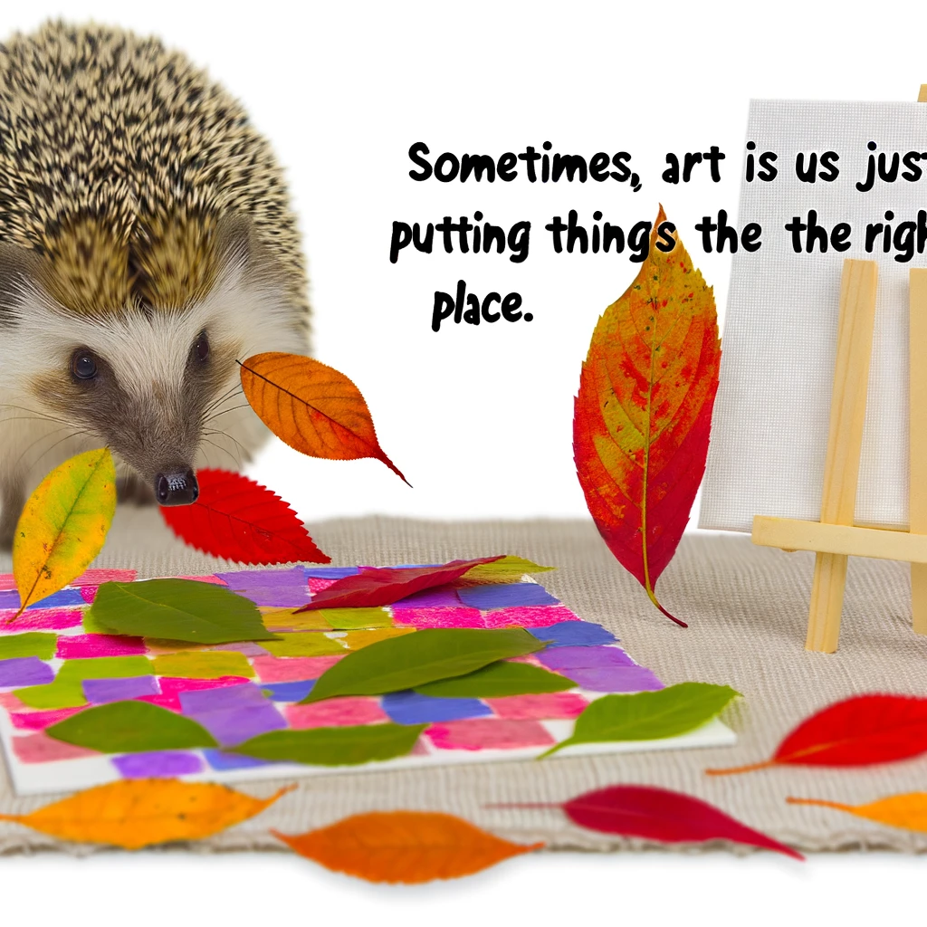 A humorous scene of a hedgehog carefully arranging colorful leaves on a canvas, creating a natural mosaic. Caption: "Sometimes, art is just about putting things in the right place."
