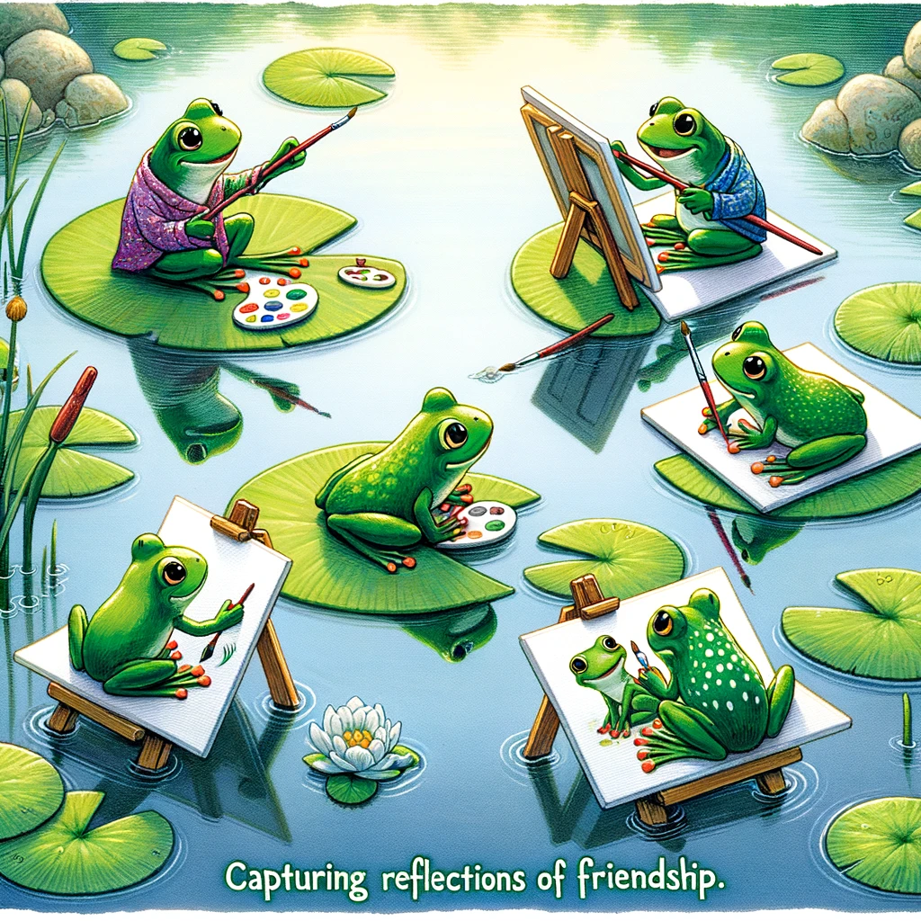 A playful illustration of a group of frogs on lily pads, each painting the other on small canvases. The scene is set in a tranquil pond. Caption: "Capturing reflections of friendship."