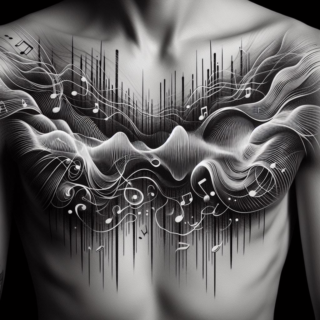 An artistic interpretation of sound waves radiating across the upper chest, connecting larger tattoos with a visual representation of music and sound. These sound waves should be stylized, possibly incorporating elements that reflect the wearer's favorite music or sounds from nature, rendered with an eye for movement and rhythm. The design seeks to visually capture the essence of sound, creating a dynamic and personal connection to the art of listening.