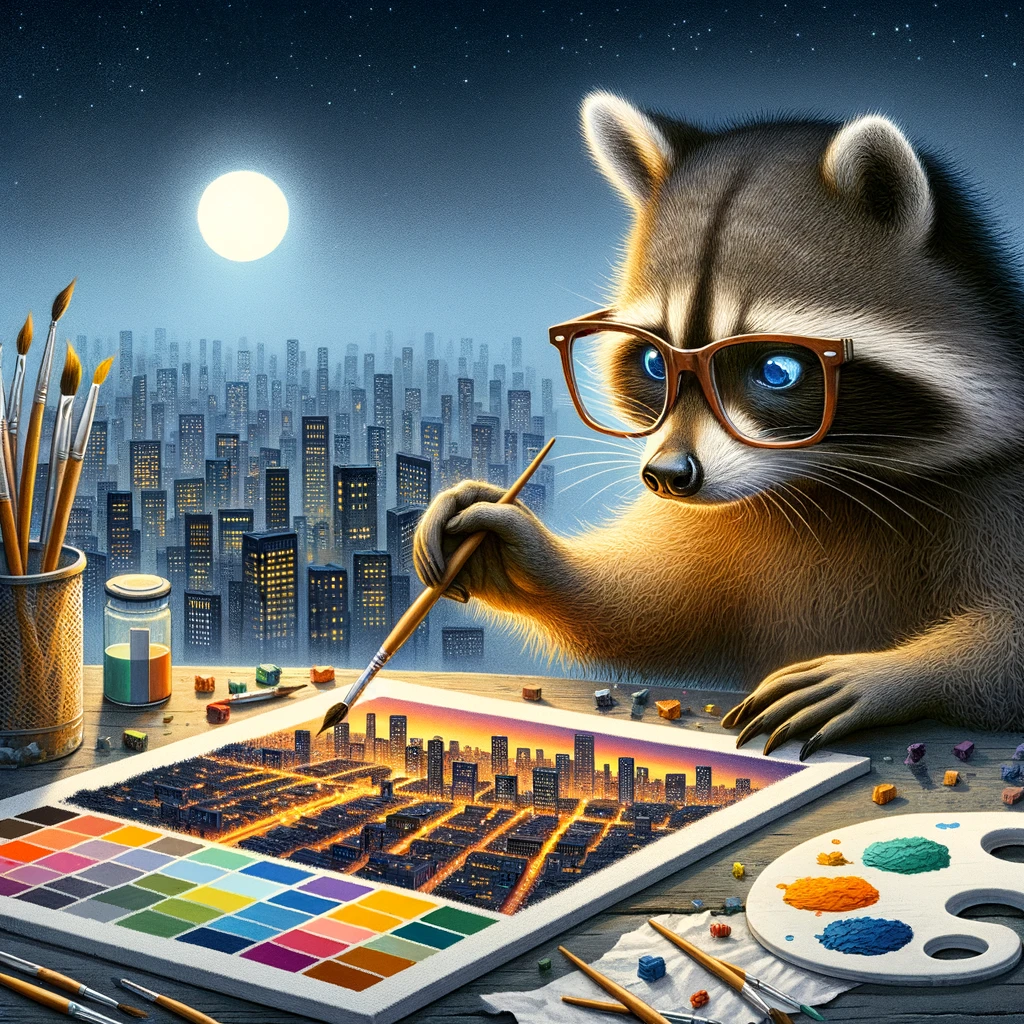 An imaginative picture of a raccoon wearing glasses and carefully studying a color palette, with paintbrushes scattered around. The canvas shows a detailed cityscape at night. Caption: "The nocturnal artist perfecting urban landscapes."