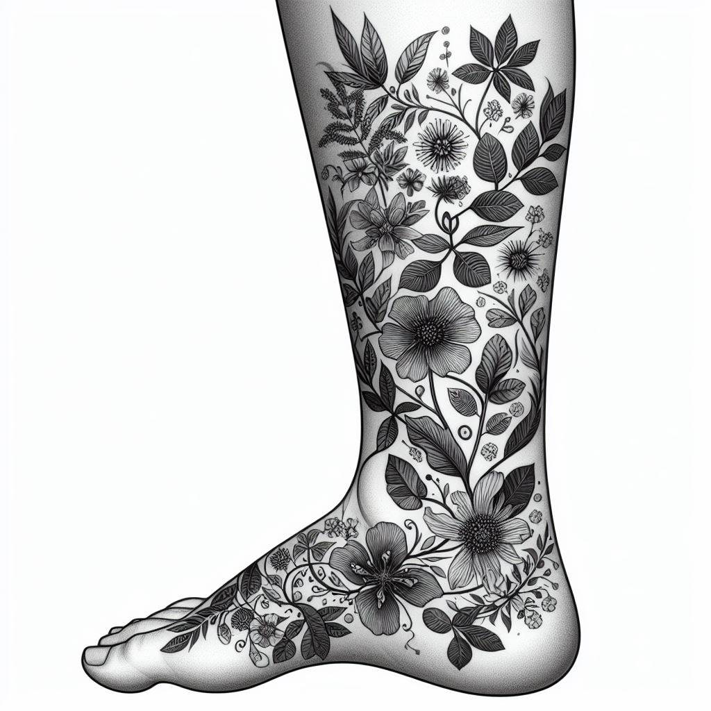Detailed botanical illustrations of local flora, including flowers, leaves, and plants, winding from the leg down to the ankle. These illustrations should be scientifically accurate yet artistically rendered, celebrating the unique beauty of the wearer's local environment. The filler design aims to create a walking tribute to nature, connecting larger tattoos with a love for the natural world and highlighting the importance of local biodiversity.