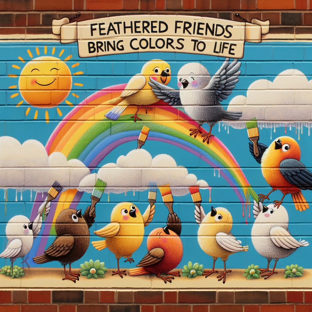 A charming depiction of a group of birds using their feathers to paint a mural on a brick wall, illustrating a sunny day with clouds and a rainbow. Caption: "Feathered friends bring colors to life."