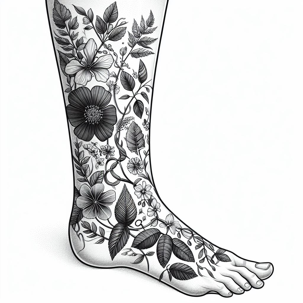 Detailed botanical illustrations of local flora, including flowers, leaves, and plants, winding from the leg down to the ankle. These illustrations should be scientifically accurate yet artistically rendered, celebrating the unique beauty of the wearer's local environment. The filler design aims to create a walking tribute to nature, connecting larger tattoos with a love for the natural world and highlighting the importance of local biodiversity.