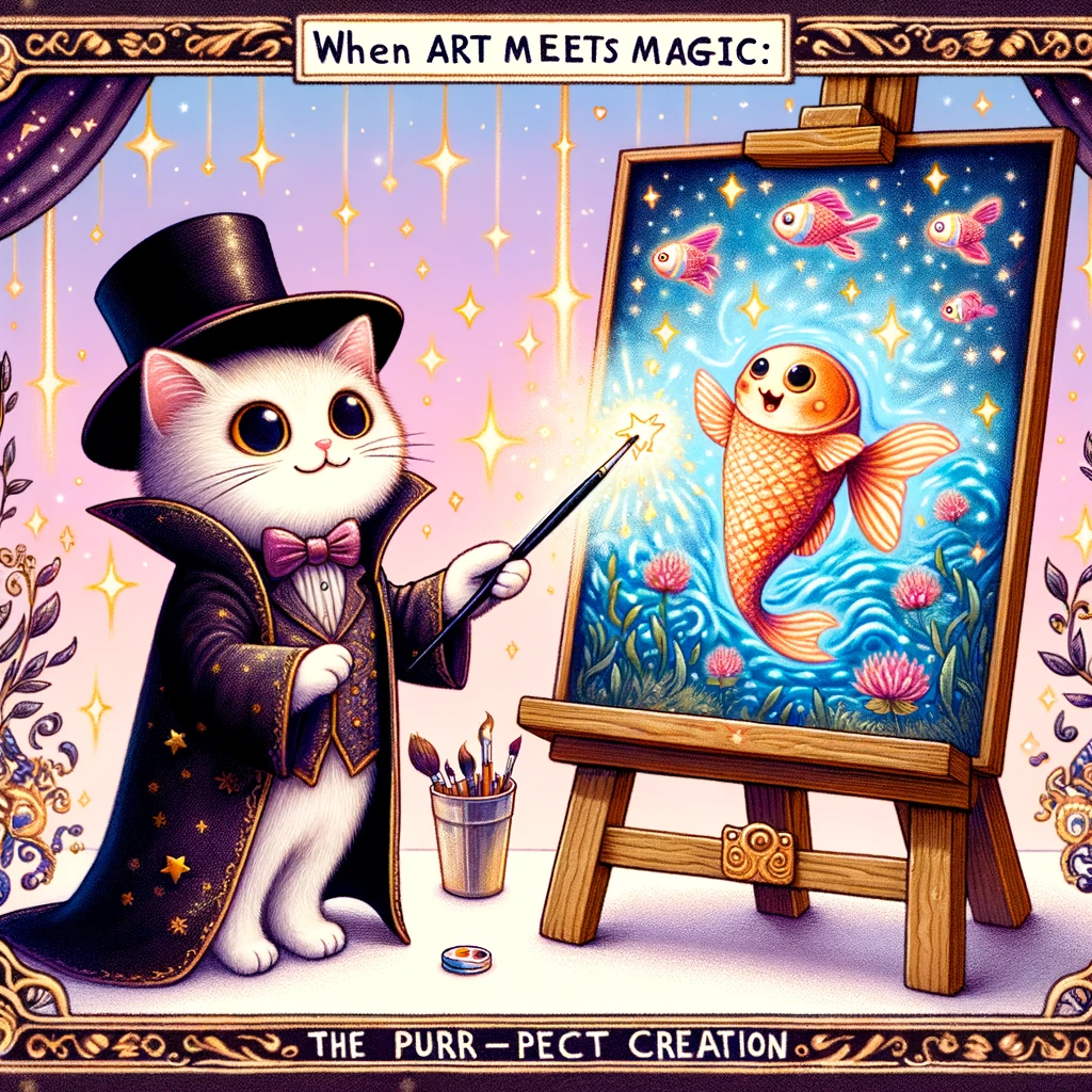 A whimsical scene of a cat dressed as a magician, using a wand to magically paint a portrait of a fish on a floating canvas. The background is filled with sparkles and magical motifs. Caption: "When art meets magic: The purr-fect creation."