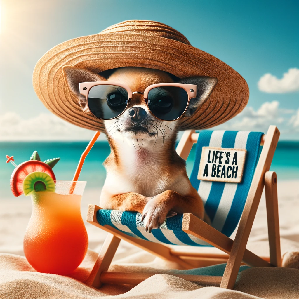 A chihuahua on a beach, wearing sunglasses and a sun hat, lounging in a deck chair with a tropical drink beside it. The caption reads "Life's a beach". The image should exude relaxation and vacation vibes, showcasing the chihuahua enjoying a sunny beach day.