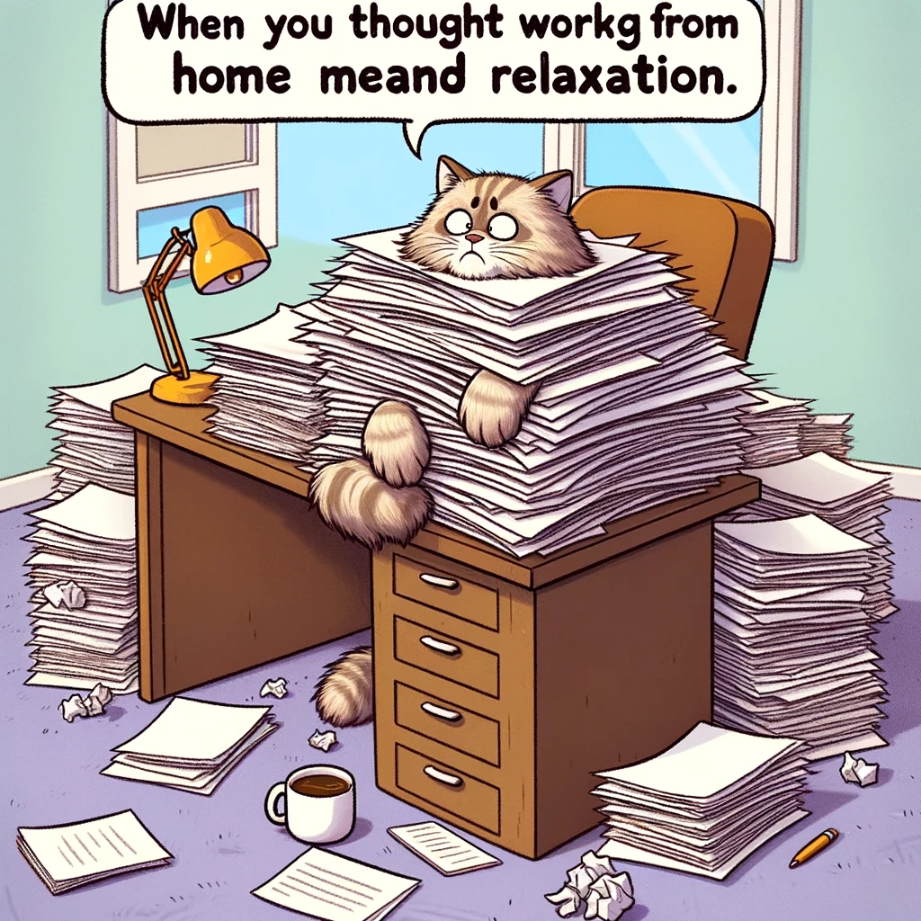 A cartoon cat sitting at a desk buried under a mountain of paperwork, looking overwhelmed, with a cup of coffee spilling over. The caption reads: "When you thought working from home meant relaxation."
